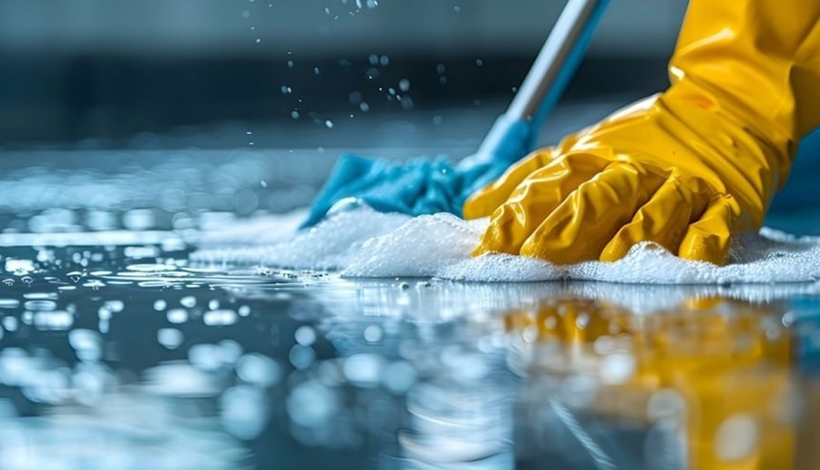 A professional cleaner in protective gloves cleaning a floor